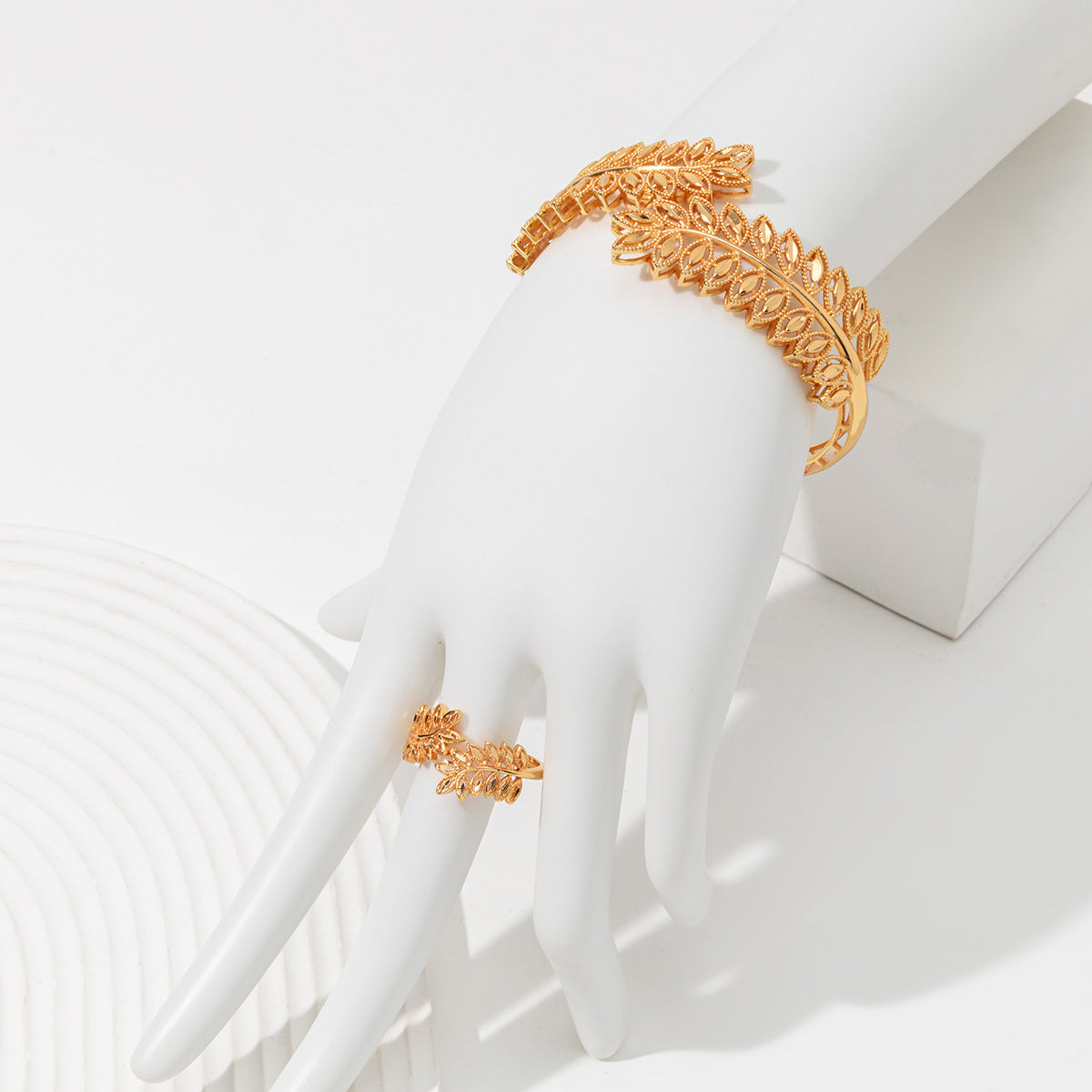 Vintage Gold Wheat Leaf Bracelet & Open Ring Set – Festival & Wedding Jewelry