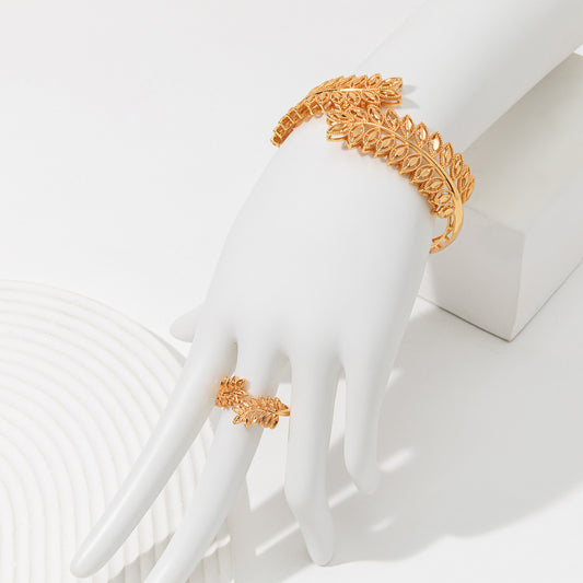 Vintage Gold Wheat Leaf Bracelet & Open Ring Set – Festival & Wedding Jewelry