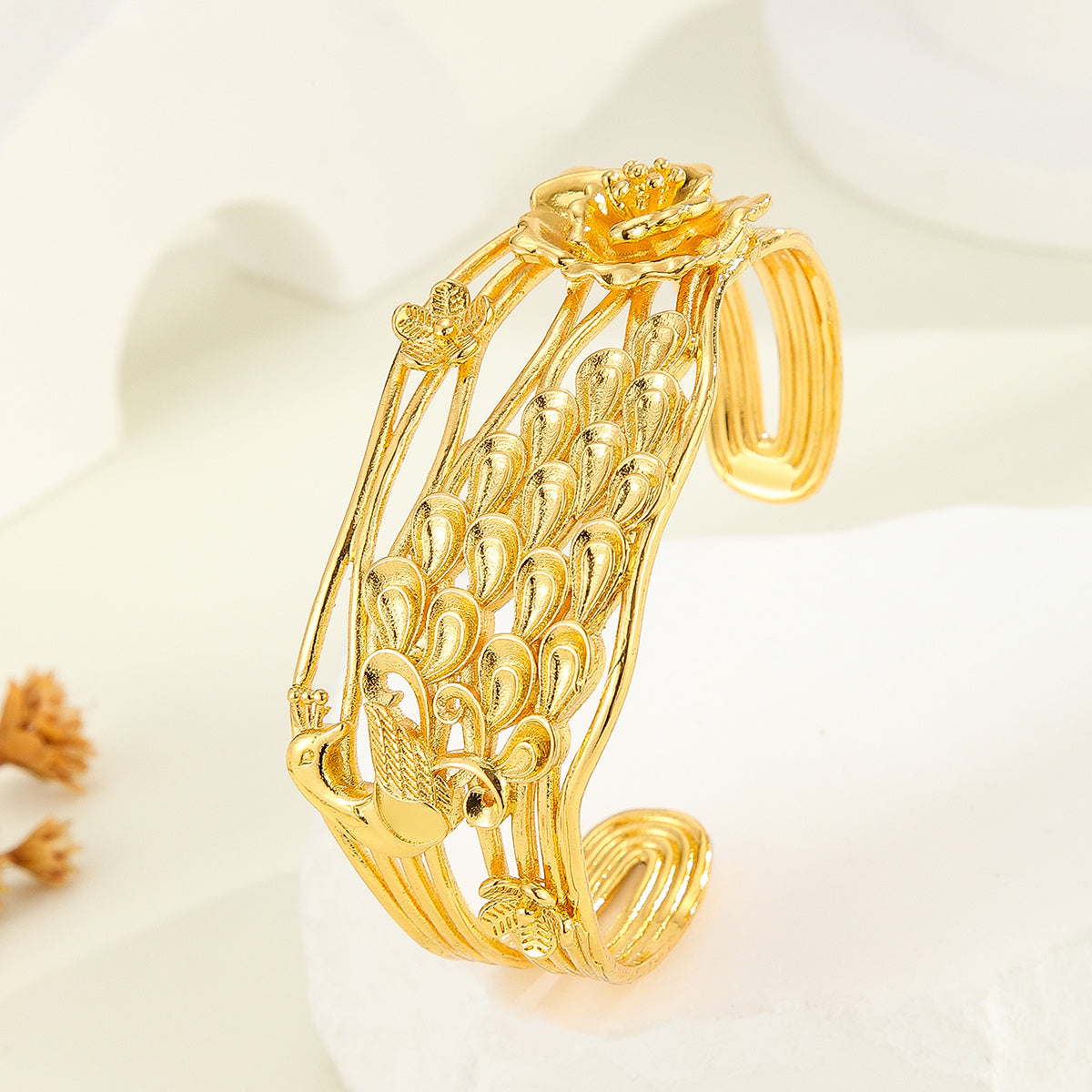 Vintage Gold Carved Peacock & Floral Bracelet – Luxury Textured Bangle