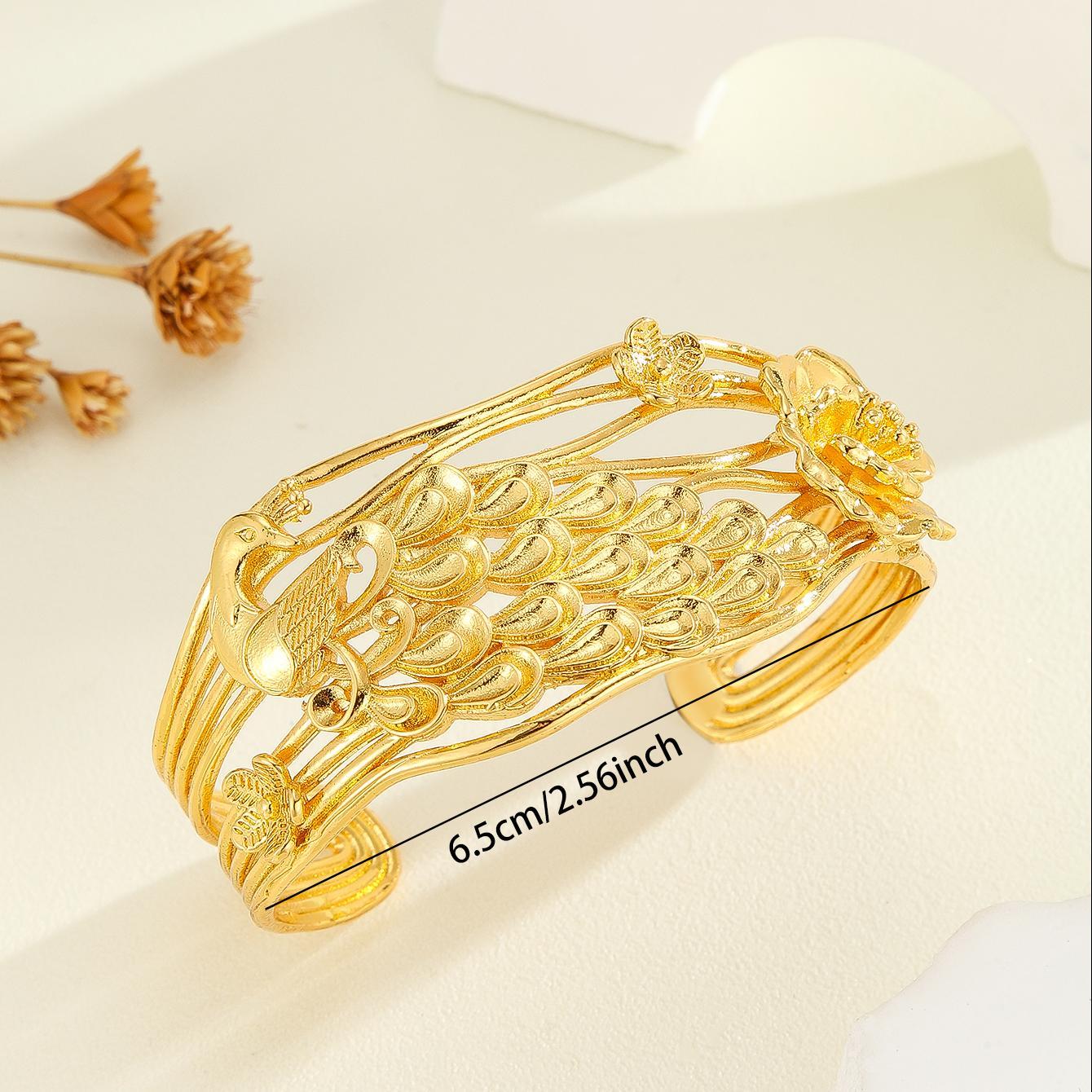 Vintage Gold Carved Peacock & Floral Bracelet – Luxury Textured Bangle
