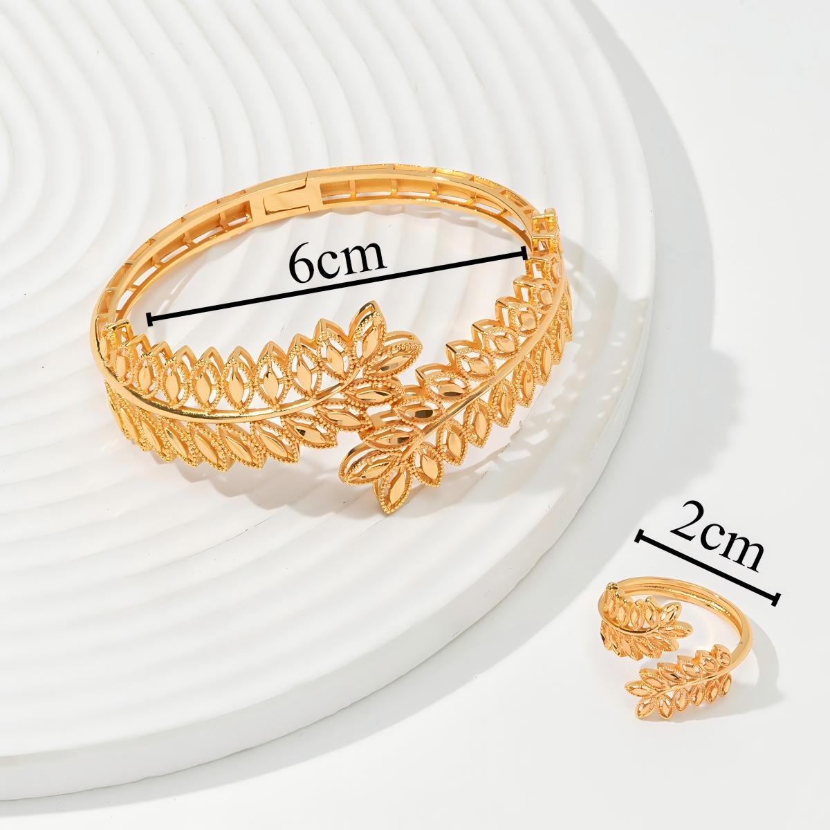 Vintage Gold Wheat Leaf Bracelet & Open Ring Set – Festival & Wedding Jewelry